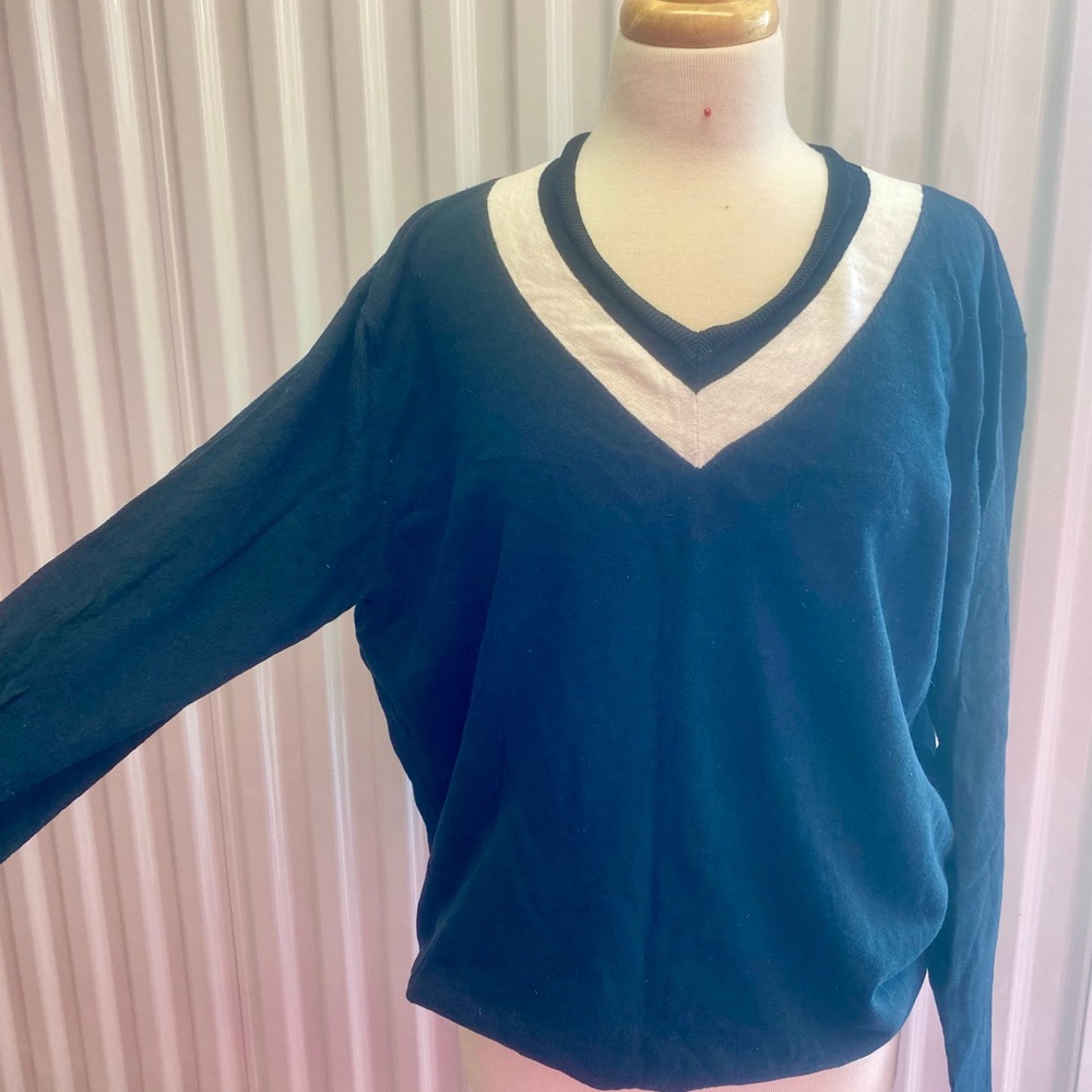 Club Monaco Navy and White V-Neck Sweater